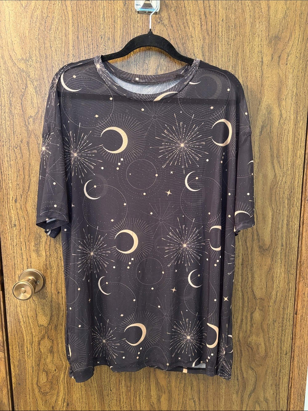 Translucent Moon & Star Print Short Sleeve Tee - Black with Cream Motif